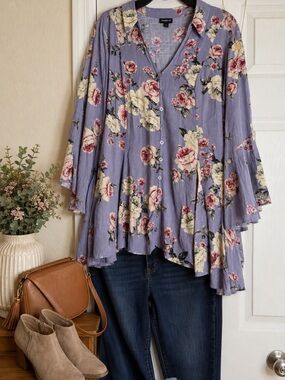 torrid Lavender Floral Button-Front Peplum Blouse